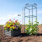 Dark gray raised garden bed with tall metal trellis for flowers and climbing plants