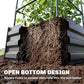 Open-bottom raised garden bed with soil and visible root network beneath trellis