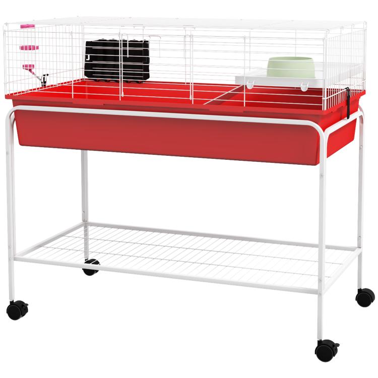 Red two-level small animal cage with wire enclosure, front opening, and lower shelf on wheels