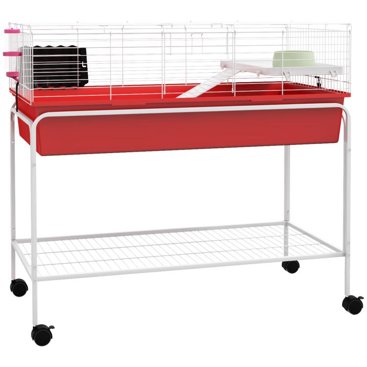 Two-story small animal cage on rolling wheels, red base and white wire bars, shelf