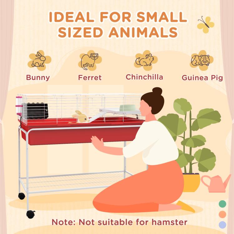 Red two-level small animal cage with wire enclosure and built-in lower shelf on wheels