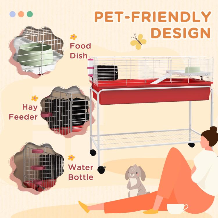 Red two-story small animal cage with water bottle and feed dish holders on rolling stand
