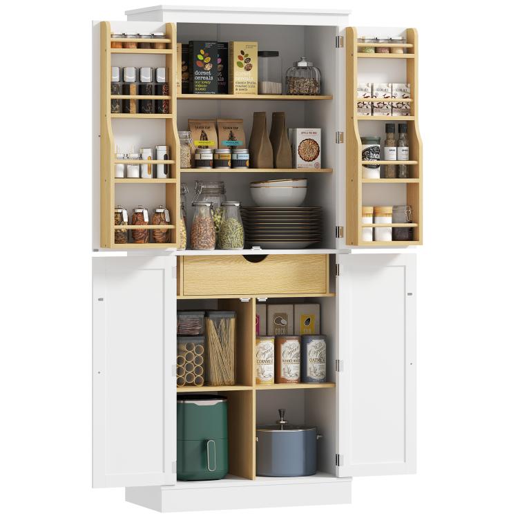 White kitchen pantry cabinet with open doors, wood shelves, and spice-rack storage