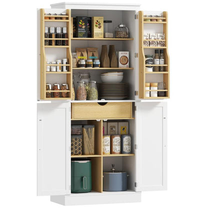 White kitchen pantry cabinet with open doors, wood shelves, and spice-rack storage