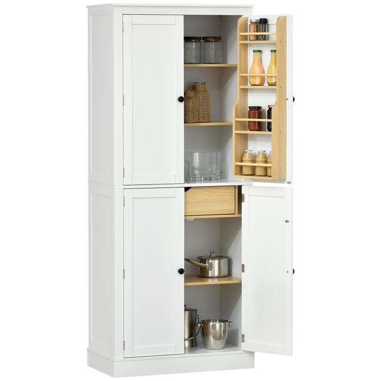 White pantry cabinet with one side open, wood shelves and spice rack slots