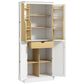 Tall kitchen pantry storage cabinet, white with open shelves, side spice racks, and drawer