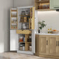 White pantry cabinet with pull-out shelves and spice rack storage, light wood interior