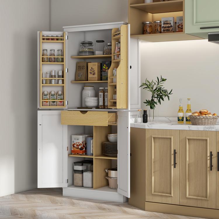 White pantry cabinet with pull-out shelves and spice rack storage, light wood interior