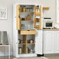 White tall pantry cabinet with shelves and drawer open, light wood interior