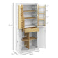 White pantry cabinet dimensions diagram with open compartments and shelf sections