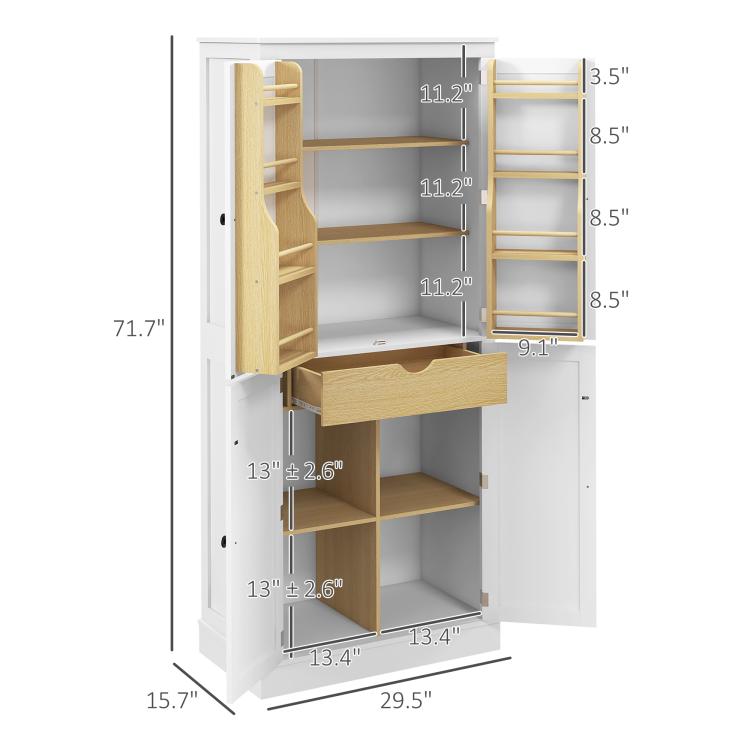 White pantry cabinet dimensions diagram with open compartments and shelf sections