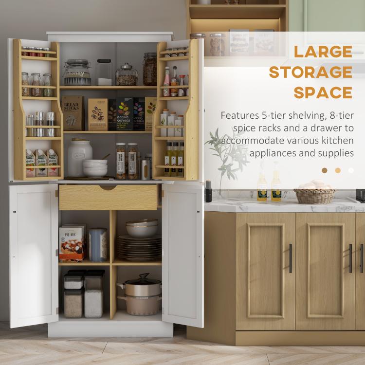 White pantry cabinet with open doors showing shelving and spice rack storage