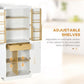 White pantry cabinet with adjustable interior shelves and pull-out drawer extended