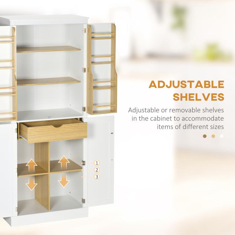 White pantry cabinet with adjustable interior shelves and pull-out drawer extended