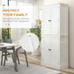 White pantry cabinet with anti-tip strap detail, standing cabinet with doors closed
