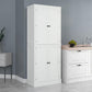 White tall pantry cabinet with double doors and two black knobs