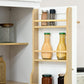 Wood spice rack inside white pantry cabinet holding glass jars and bottles