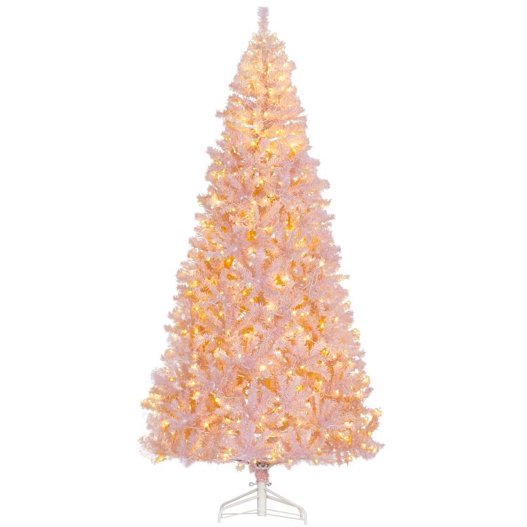 Pink pre-lit artificial Christmas tree with warm white LED lights, realistic tips