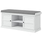 White entryway shoe bench with gray cushioned seat, open storage compartments, 2 doors