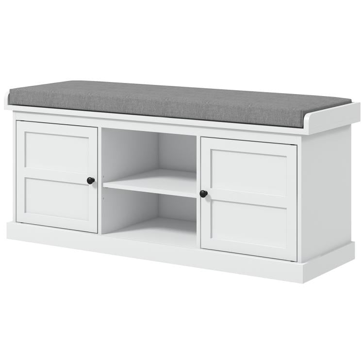 White entryway shoe bench with gray cushioned seat, open storage compartments, 2 doors