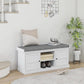 White shoe storage bench with gray cushioned seat and enclosed cabinet compartments