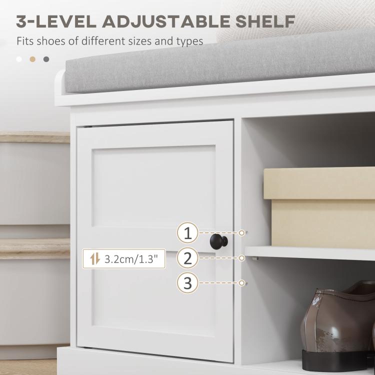 White cabinet door view of shoe storage bench with adjustable shelf inside