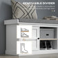 White shoe storage bench with gray seat and removable divider between shoe compartments