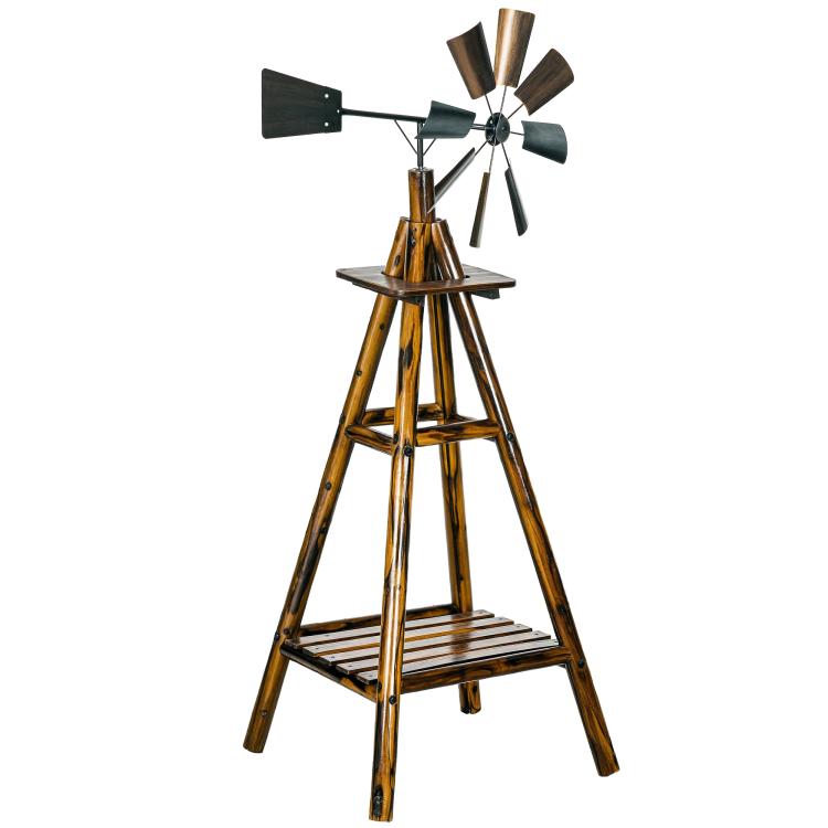 Stained wood windmill weather vane with blue metal blades and bottom shelf