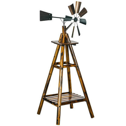 Stained wood windmill weather vane with blue metal blades and bottom shelf