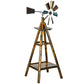 Stained wood windmill weather vane with metal blades and bottom shelf, standing