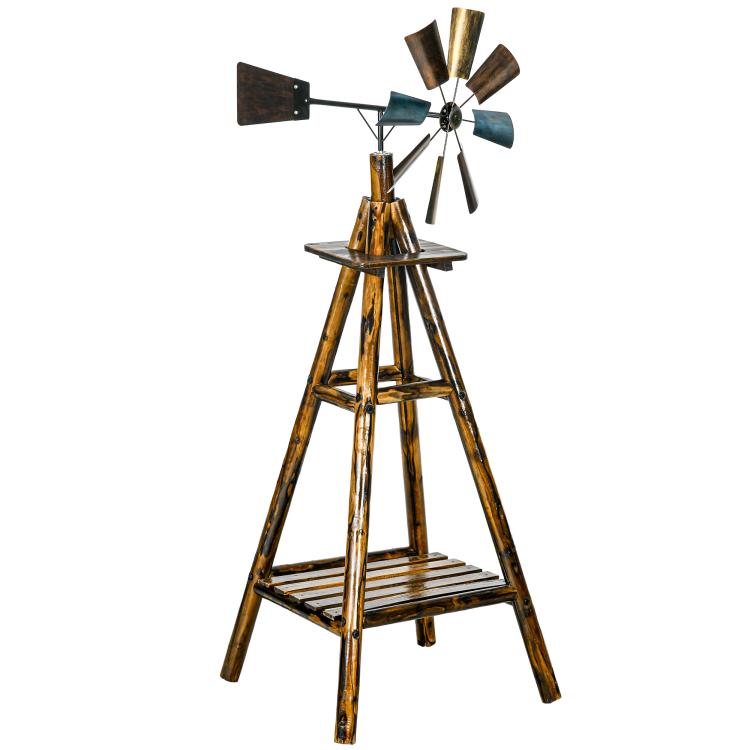 Stained wood windmill weather vane with metal blades and bottom shelf, standing