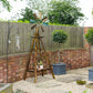 Windmill weather vane display stand with stained wood frame and bottom shelf