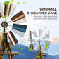 Stained wood windmill weather vane with mixed blue and steel metal blades