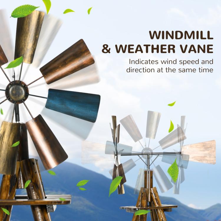 Stained wood windmill weather vane with mixed blue and steel metal blades