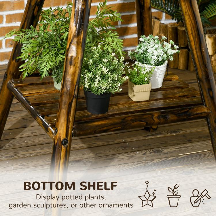 Windmill weather vane bottom shelf holding potted plants and garden ornaments
