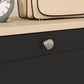 Black shoe storage cabinet drawer with round metal knob and flat front panel