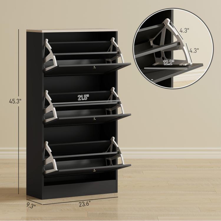 Black shoe storage cabinet with open flip drawers and adjustable shoe dividers