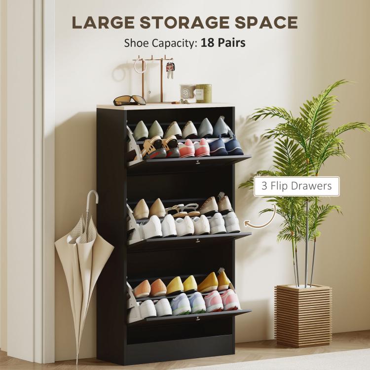 Black shoe storage cabinet with three flip drawers and stacked interior shelves for shoes
