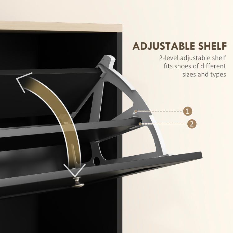 Adjustable shoe cabinet flip shelf with divider supports and angled stop arms