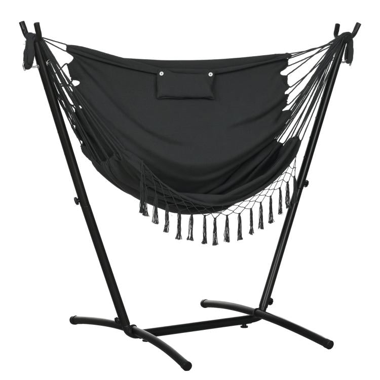 Dark gray hammock chair with headrest pillow, rope fringe, on black stand