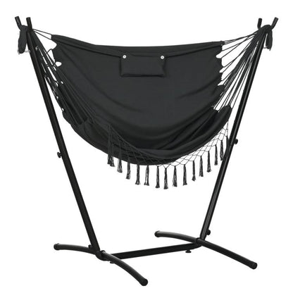 Dark gray hammock chair with headrest pillow, rope fringe, on black stand