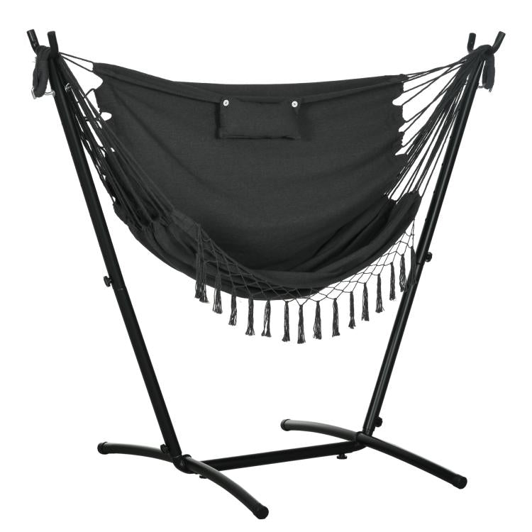Dark gray hammock chair with U-shaped stand and headrest, fringed hammock swing