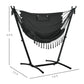 Dark gray hammock chair with headrest pillow, rope fringe, on U-shaped stand