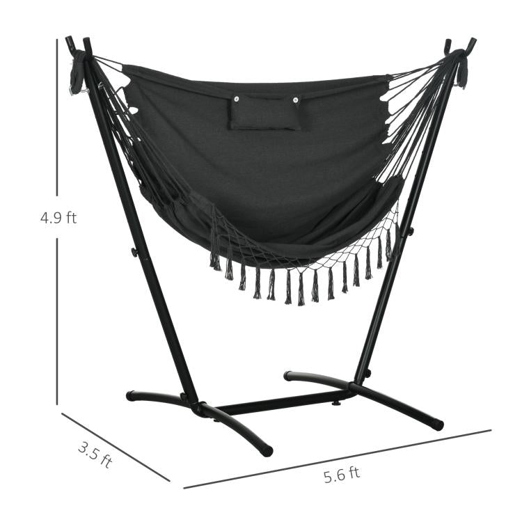 Dark gray hammock chair with headrest pillow, rope fringe, on U-shaped stand