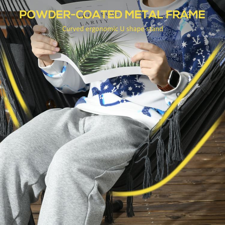Dark gray hammock chair with rope net and headrest pillow on powder-coated stand