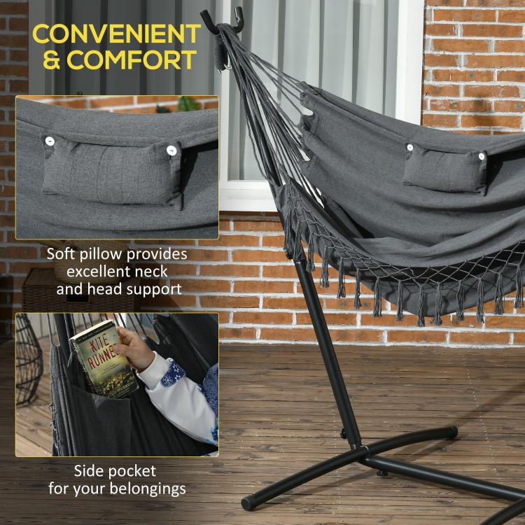 Dark gray hammock chair with headrest pillow and side storage pocket on stand