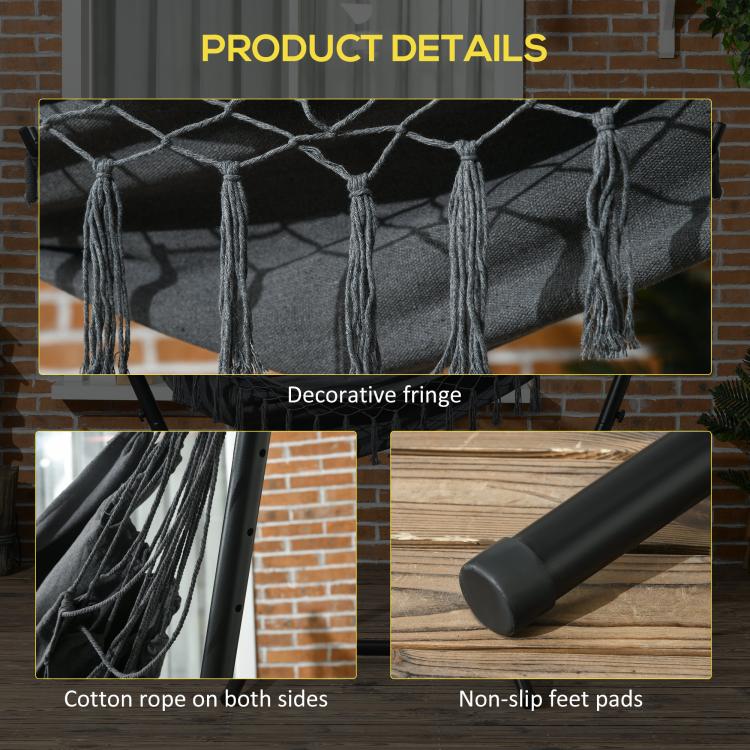 Dark gray hammock chair details: decorative fringe, cotton rope on both sides
