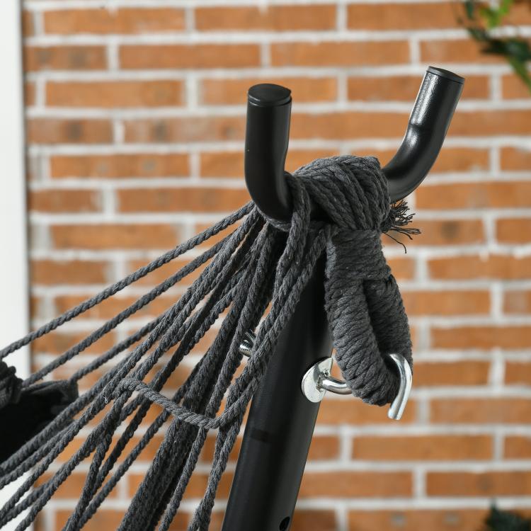 Dark gray hammock chair rope attachment on black stand post