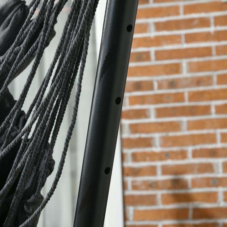 Black powder-coated stand post with hole openings for hammock frame
