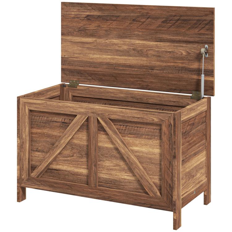 Lift-top storage chest in brown wood grain, lid open to show interior storage space